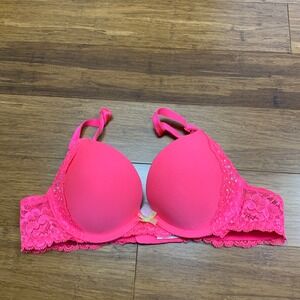 Victoria's Secret Dream Angels Push Up Bright Bra Pink Lace Size 34A Rhinestones